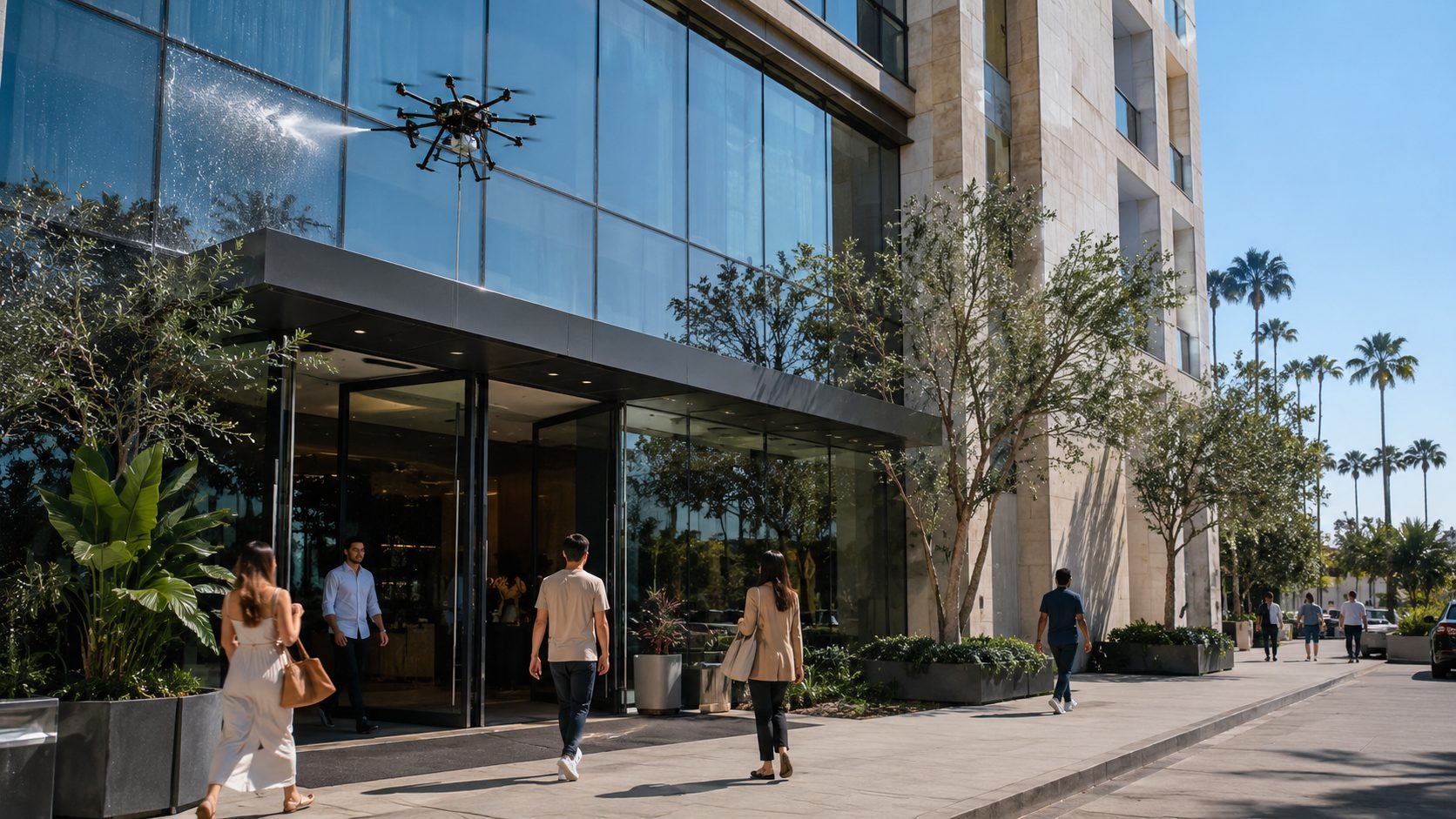 SkyWashWindow drone cleaning a hotel façade while guests walk in through the open entrance