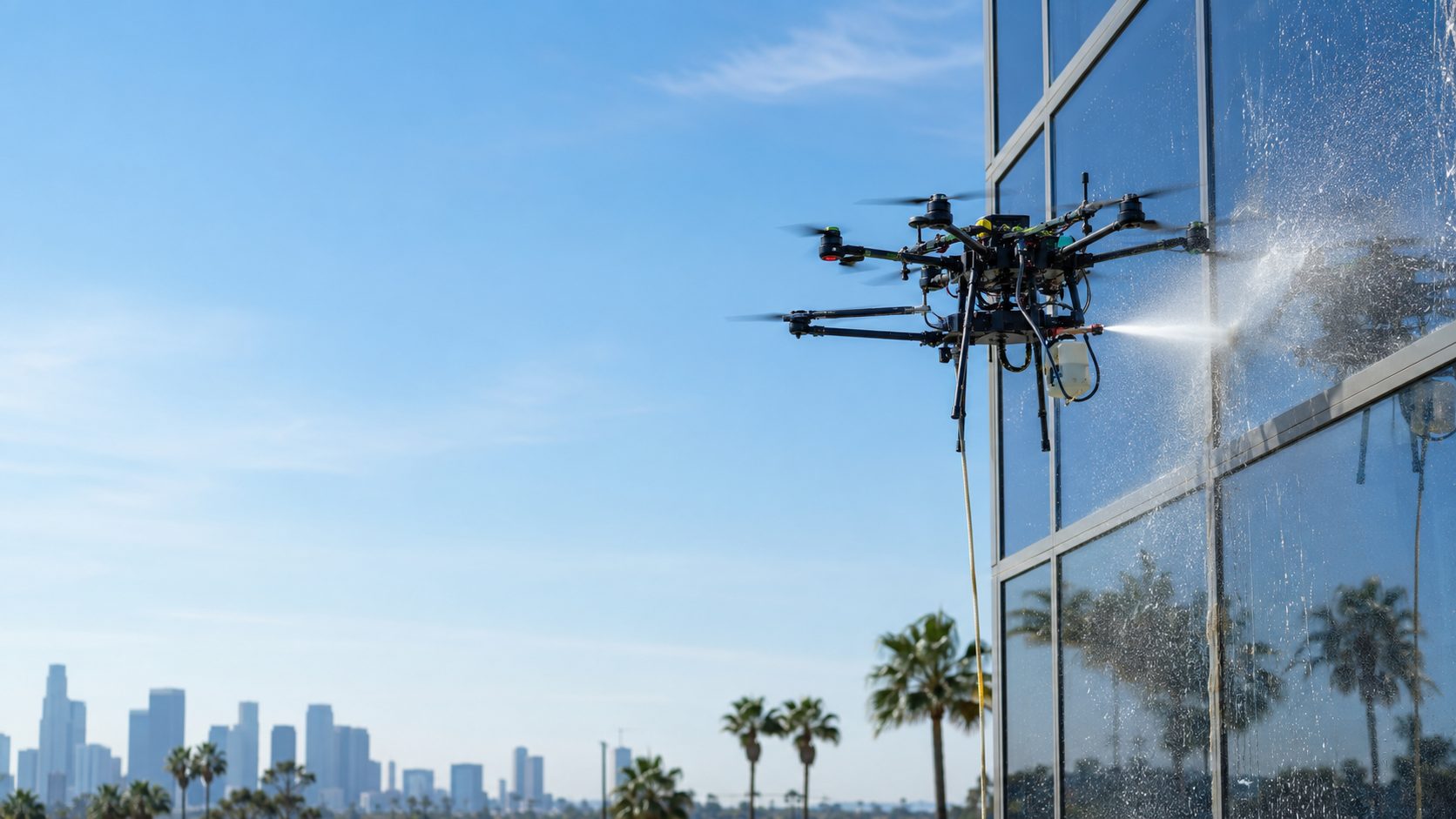 SkyWashWindow cleaning drone spraying purified water on a modern building's exterior glass