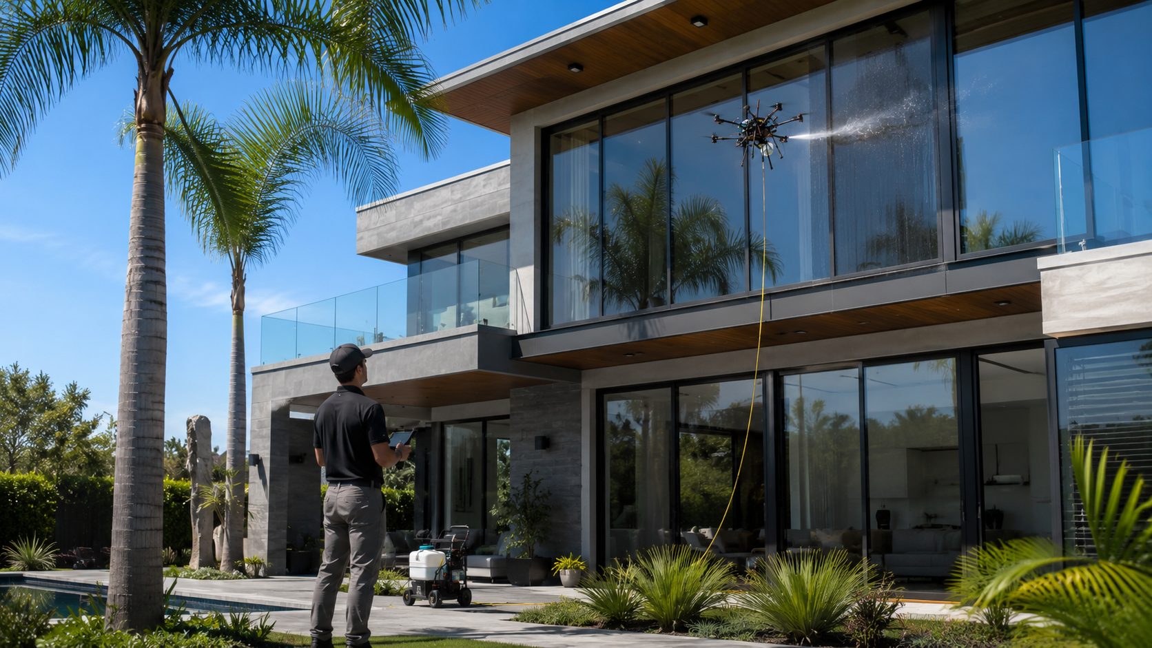 SkyWashWindow operator flying a cleaning drone at a modern two-story home